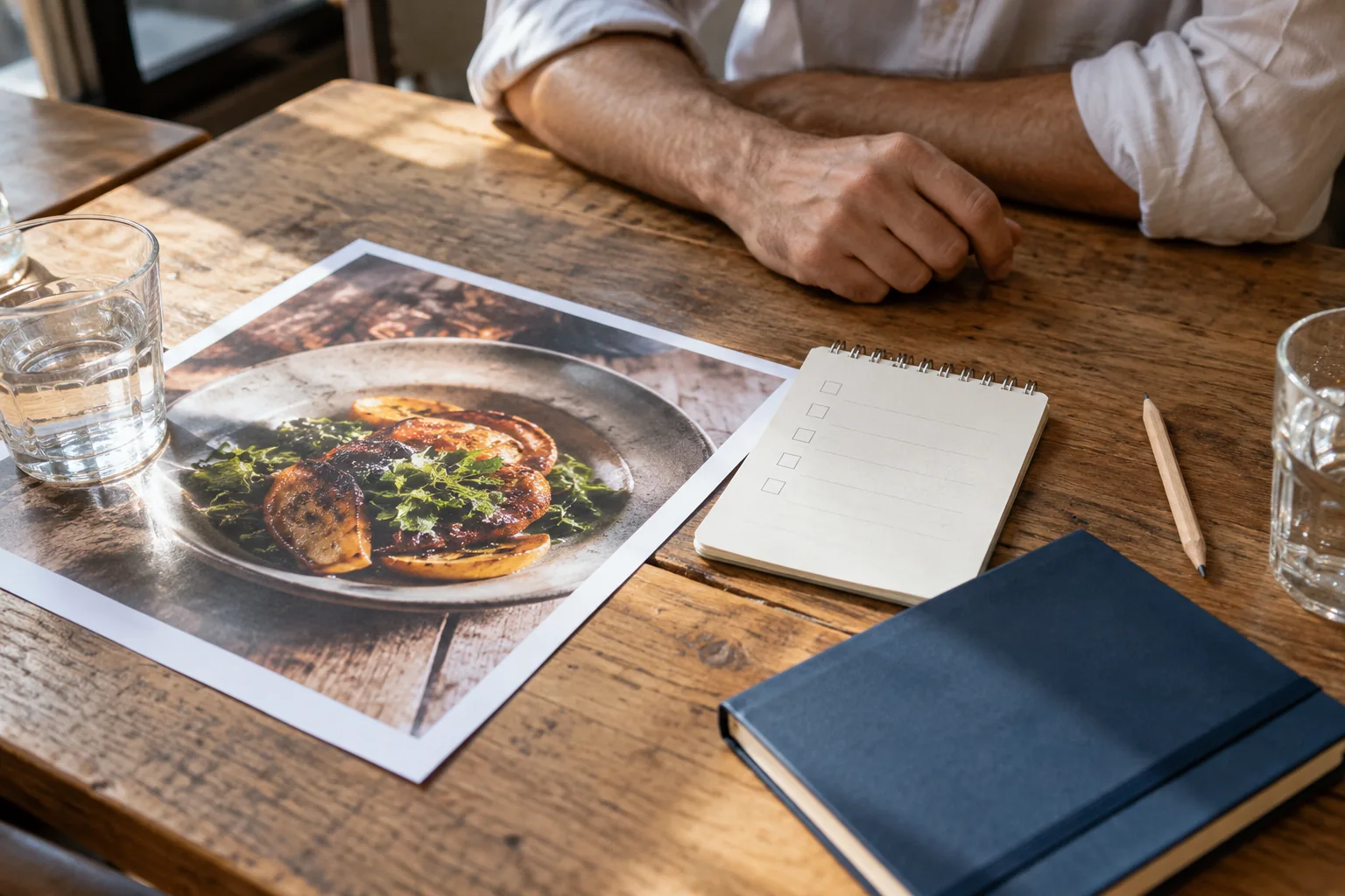 Lista de objetivos y fotografías para planificar la comunicación de un restaurante