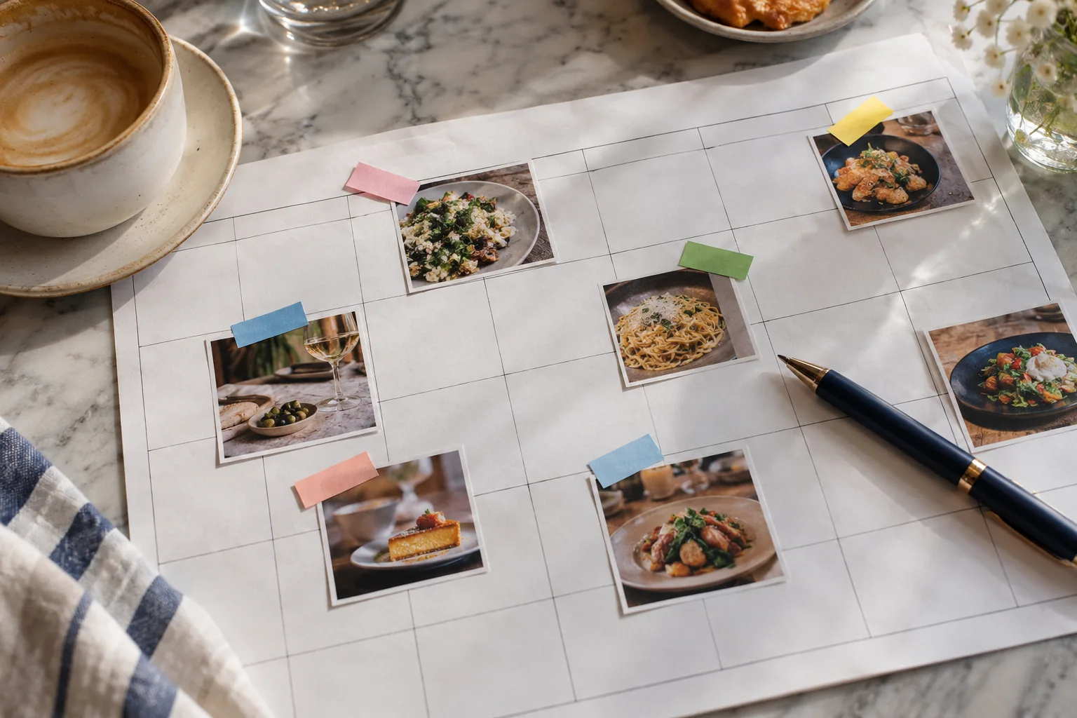Calendario mensual con fotografías de platos y notas de planificación