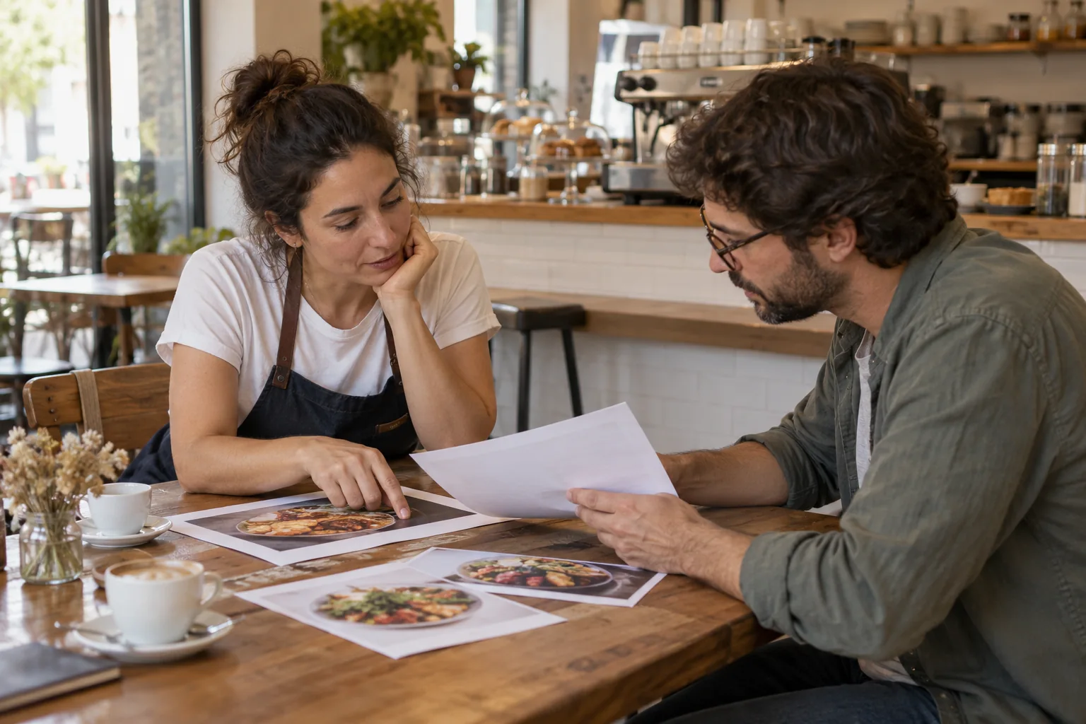 Revisión de contenidos entre una responsable de restaurante y un profesional de marketing