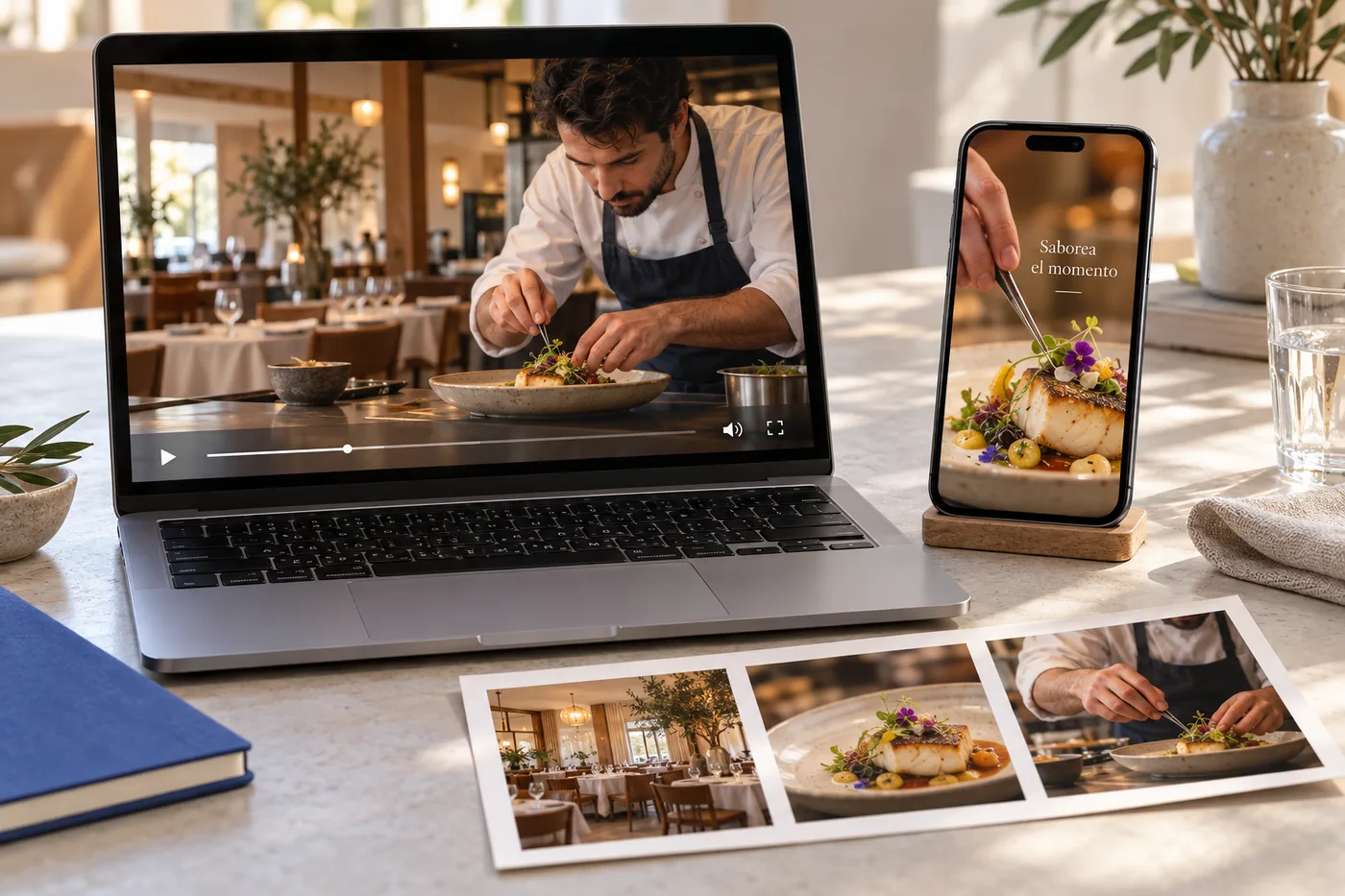 Mockup ilustrativo de fotografía y vídeo adaptados a web y contenido vertical en móvil