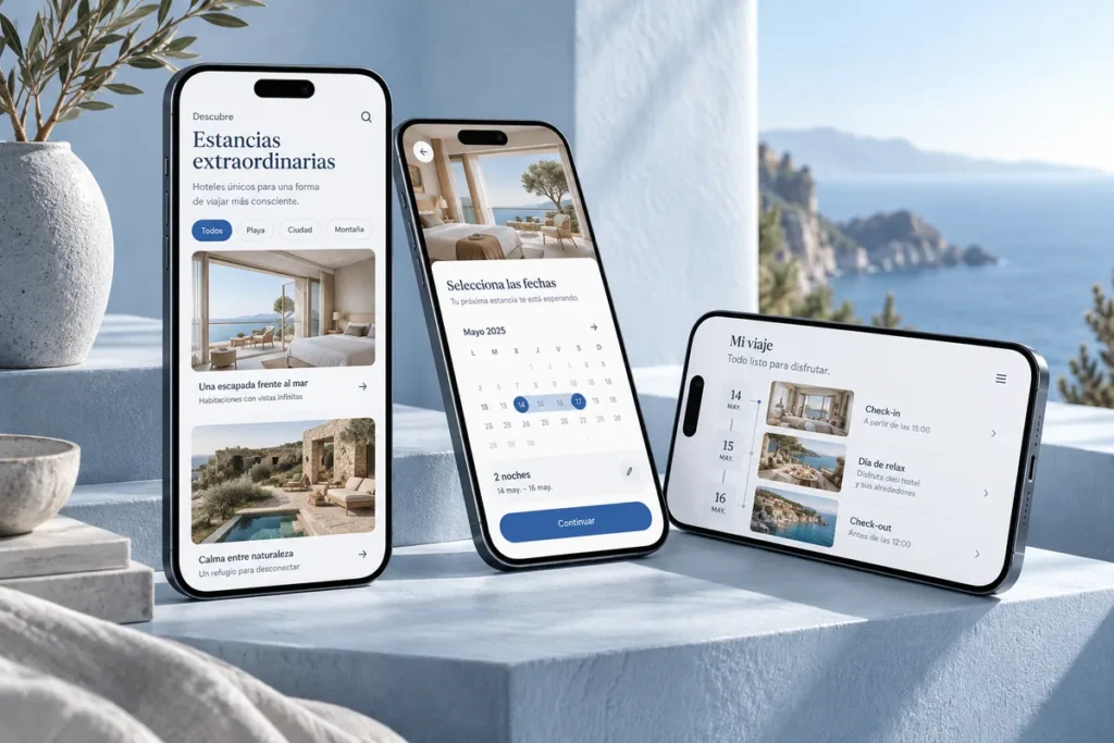 Mockup conceptual de una app de reservas y experiencias turísticas