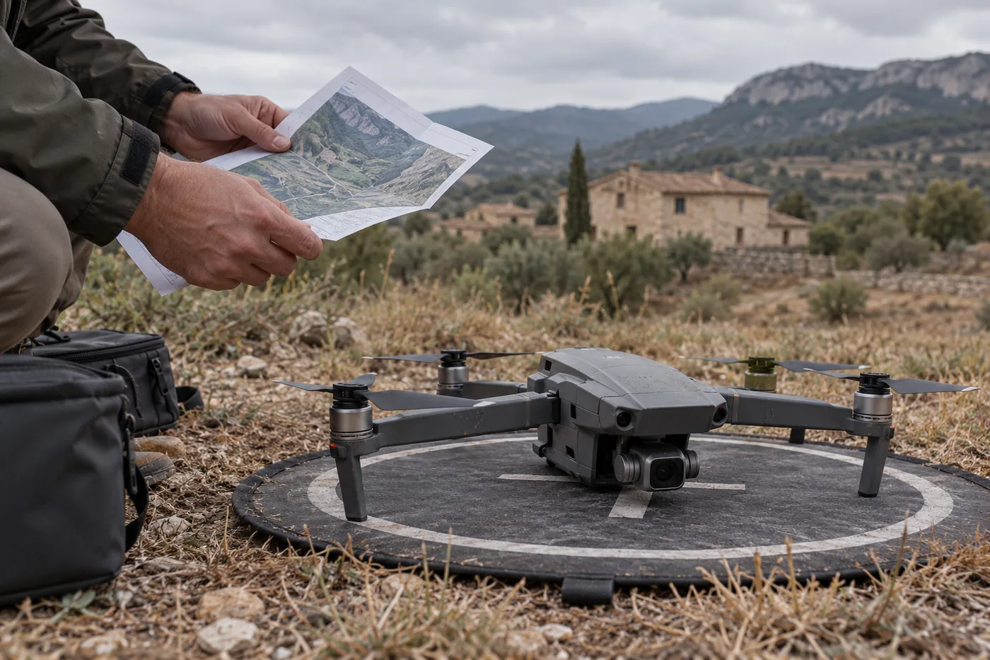 Escena ilustrativa de planificación de una grabación aérea con dron