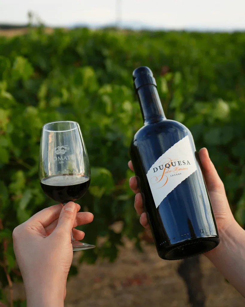 Fotografía de producto de una botella de vino y una copa en un viñedo