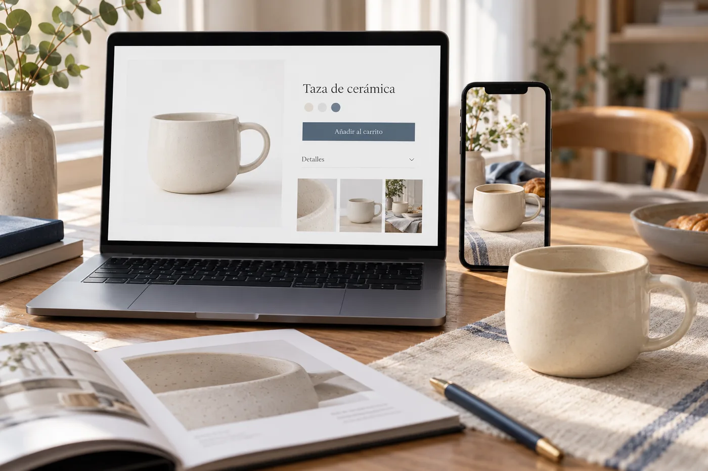 Mockup ilustrativo de fotografías de producto en una tienda online, un móvil y un catálogo impreso