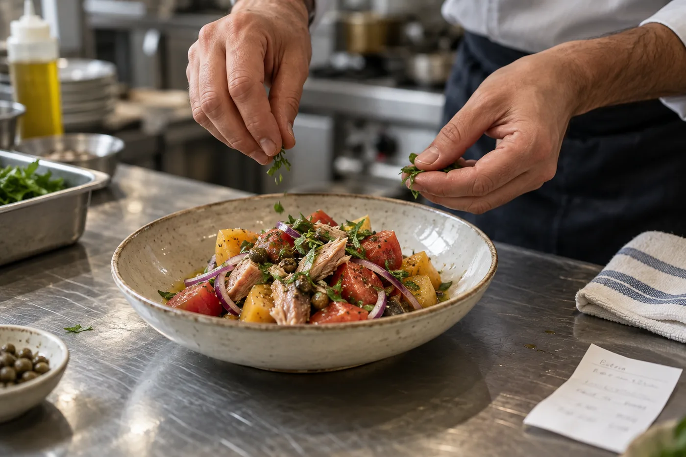 Escena ilustrativa de preparación de un plato en una cocina profesional
