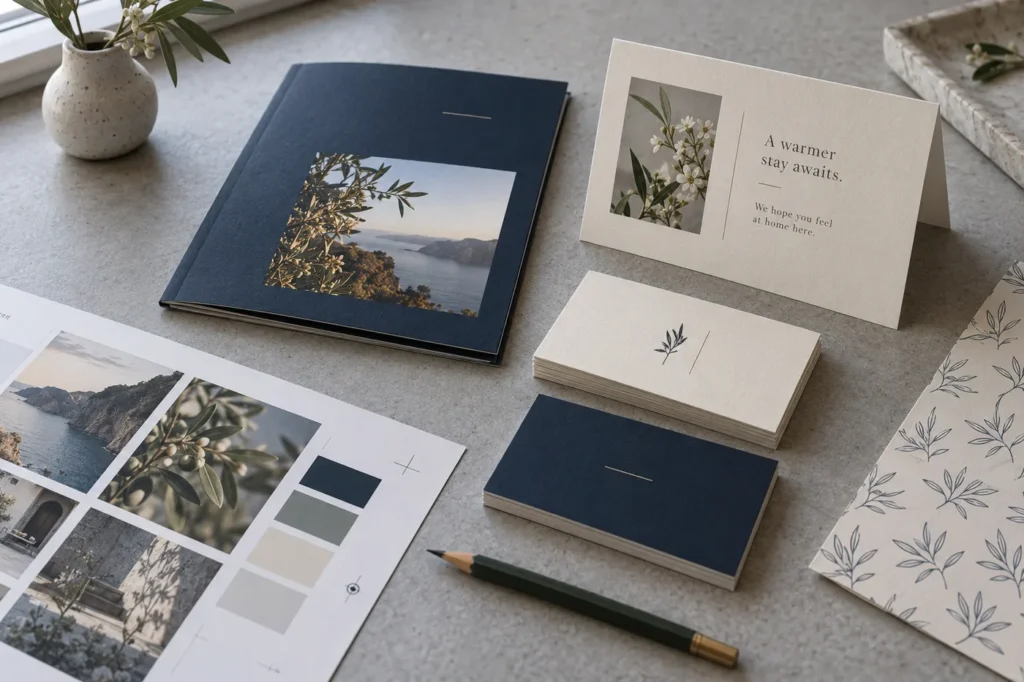 Mockup ilustrativo de identidad visual aplicada a papelería y un folleto de hotel