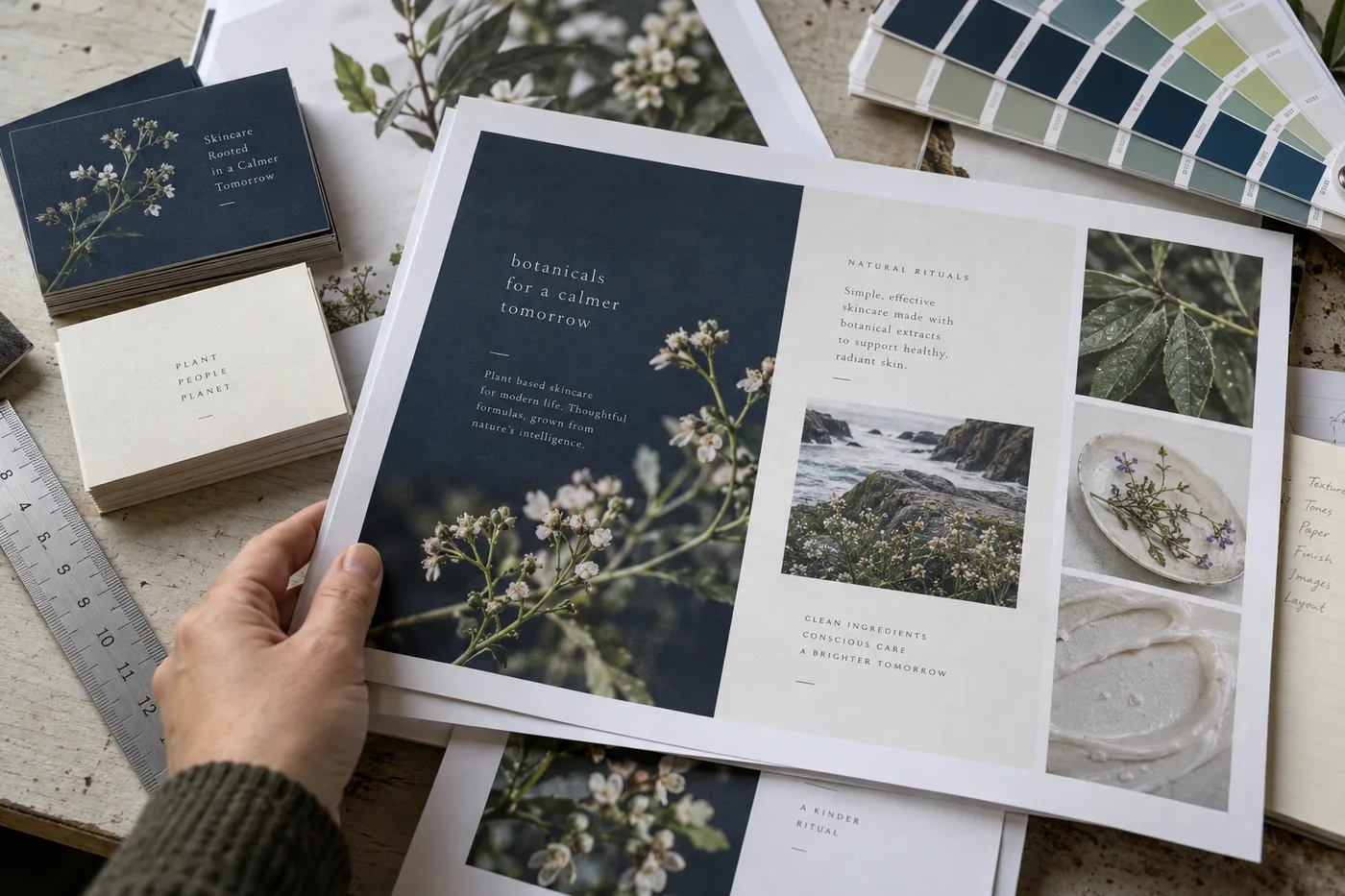 Mockup ilustrativo de revisión de piezas gráficas, pruebas de impresión y muestras de color