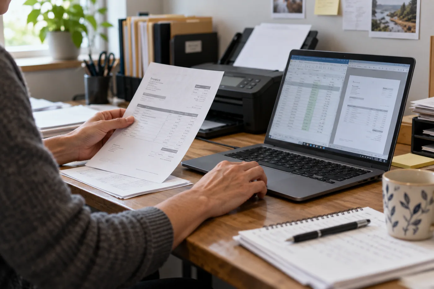 Escena ilustrativa de revisión de documentos y datos en un proceso administrativo digital