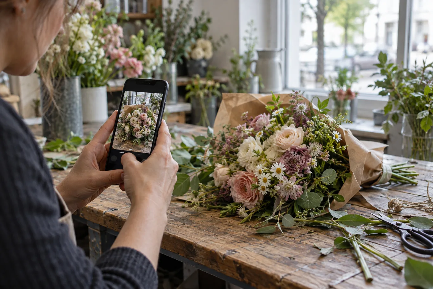 Escena ilustrativa de creación de fotografías de una floristería para Instagram