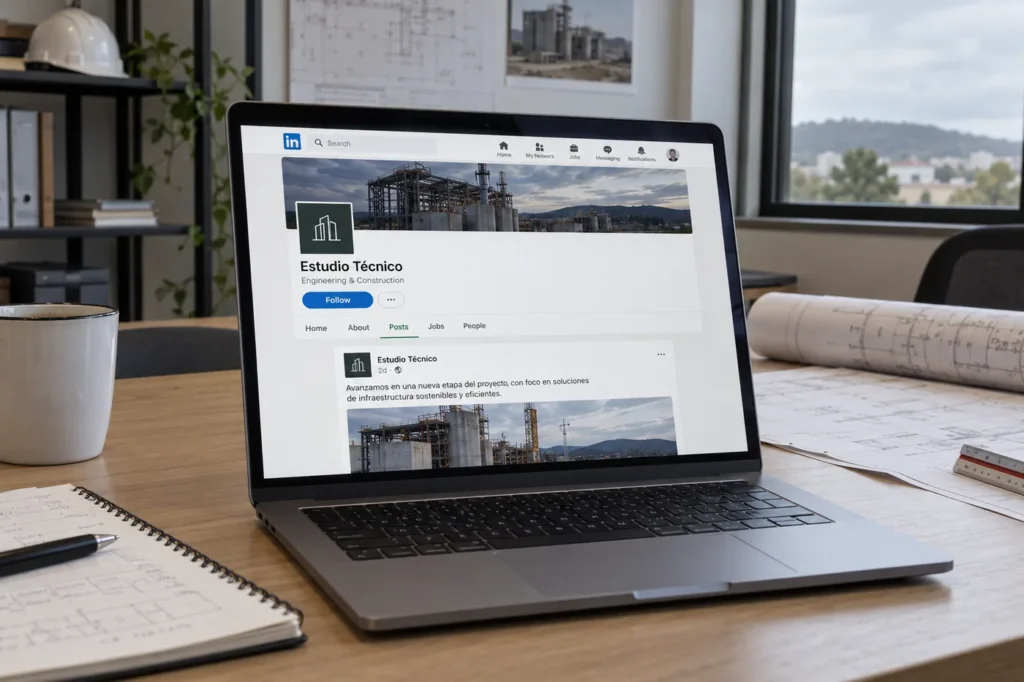 Escena ilustrativa de una página profesional de LinkedIn en un ordenador portátil