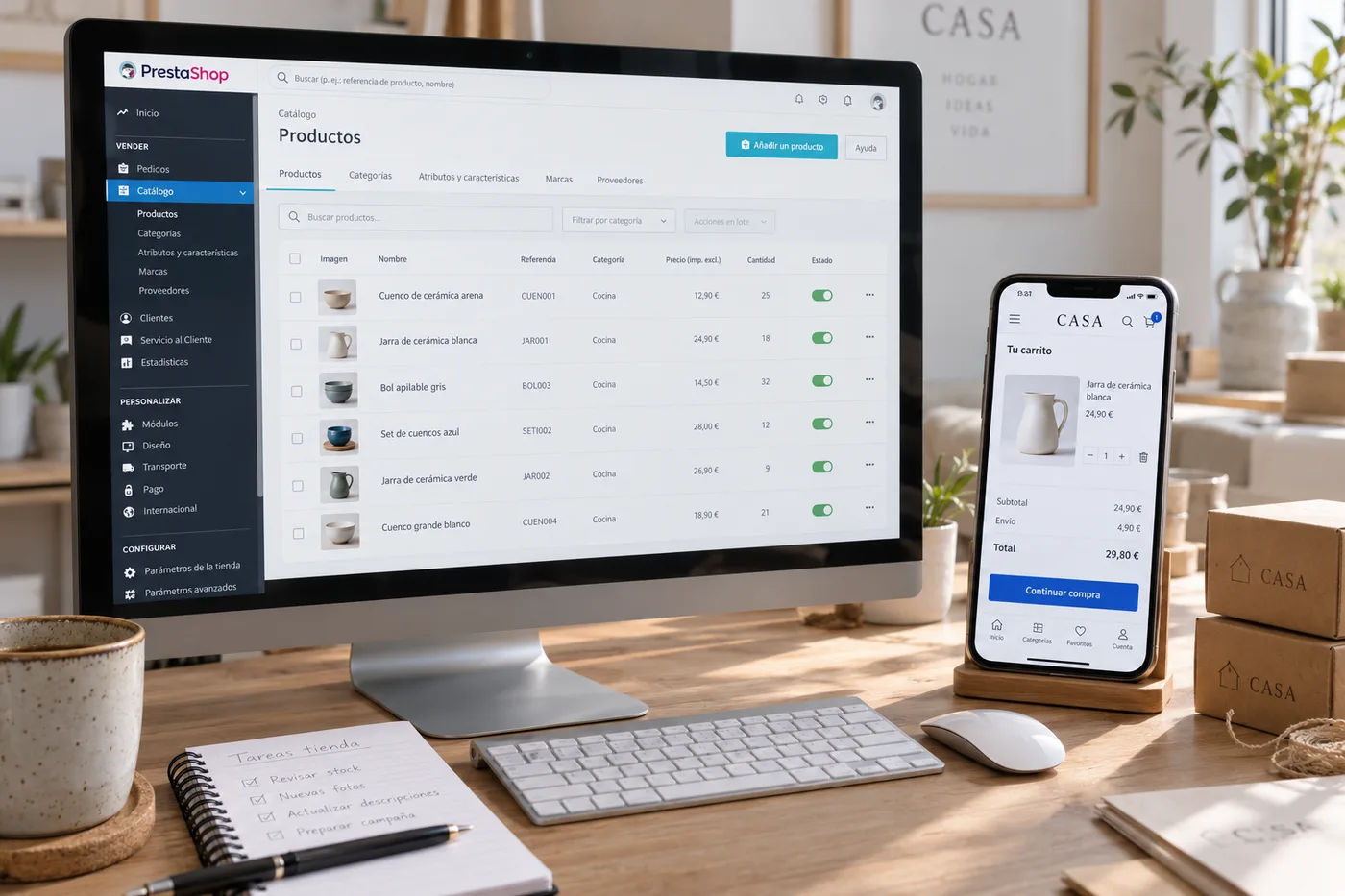 Mockup ilustrativo del catálogo de PrestaShop y del carrito de compra en móvil