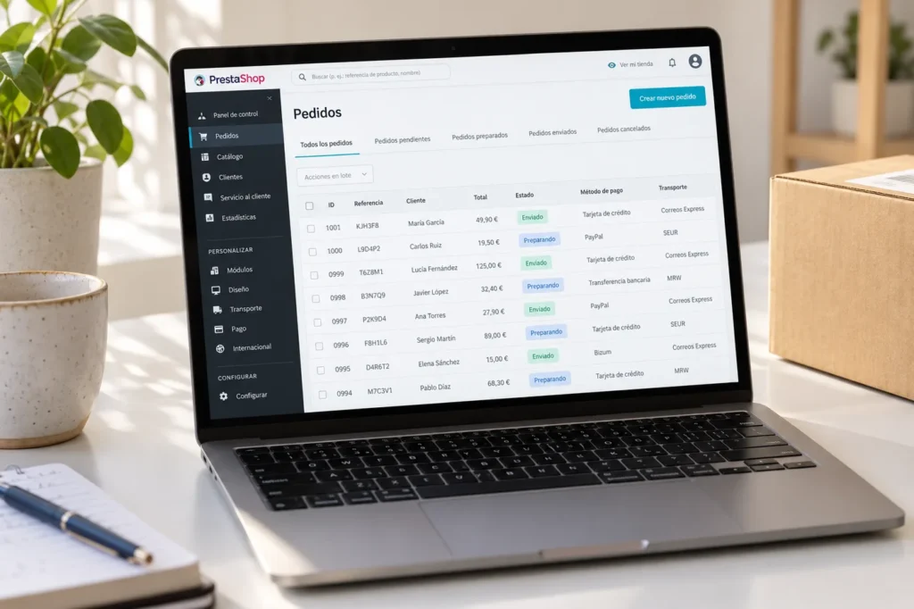 Mockup ilustrativo del panel de pedidos de PrestaShop en un ordenador portátil