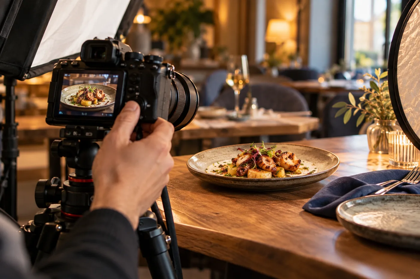 Escena ilustrativa de una producción fotográfica gastronómica con cámara e iluminación