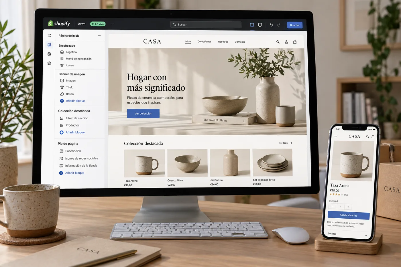 Mockup ilustrativo del editor de temas de Shopify y una ficha de producto en móvil