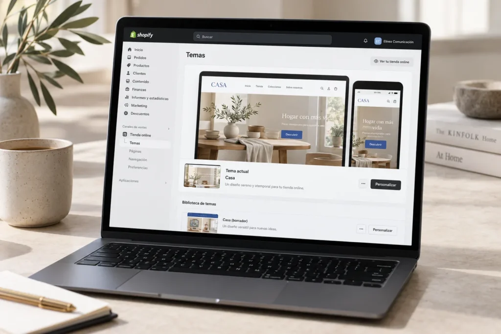 Mockup ilustrativo de la gestión de temas de Shopify en un ordenador portátil