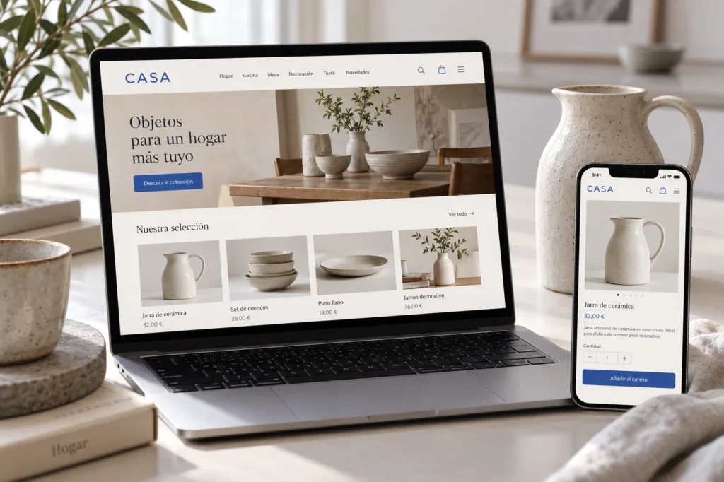 Mockup ilustrativo de una tienda online de decoración en ordenador y móvil