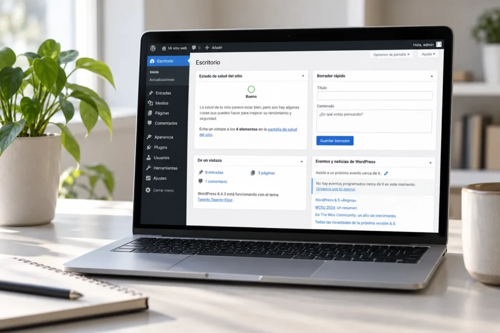 Mockup ilustrativo del escritorio de administración de WordPress en un ordenador portátil