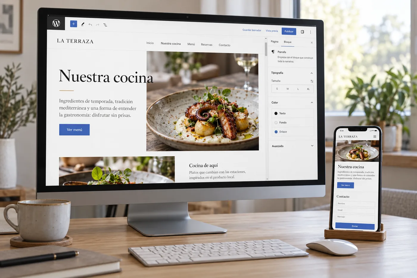 Mockup ilustrativo de edición en WordPress y revisión de la web en móvil